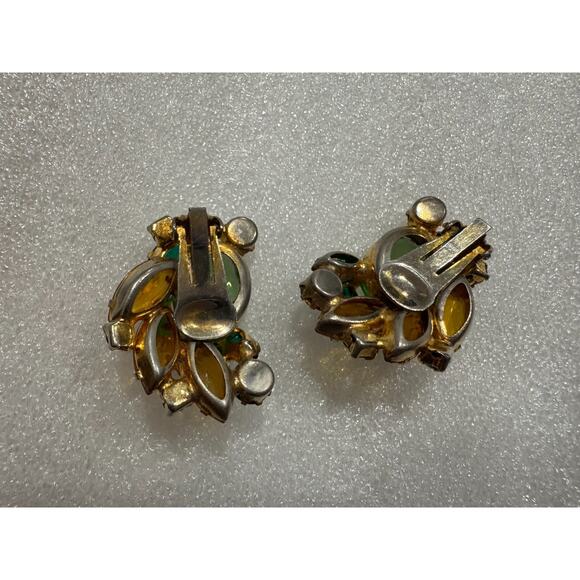 Vtg Juliana Rhinestone Earrings Green and Topaz Color AB Navette Clip 1960s - Picture 5 of 6